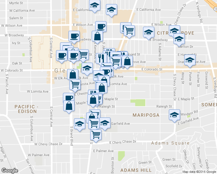 map of restaurants, bars, coffee shops, grocery stores, and more near 511 East Chestnut Street in Glendale