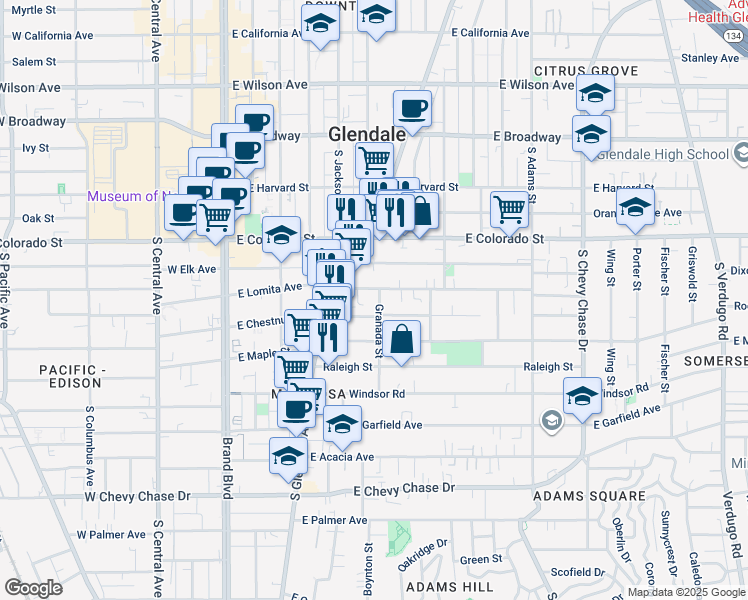 map of restaurants, bars, coffee shops, grocery stores, and more near 507 Granada Street in Glendale
