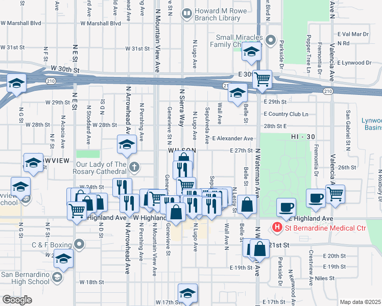 map of restaurants, bars, coffee shops, grocery stores, and more near 2629 North Sierra Way in San Bernardino