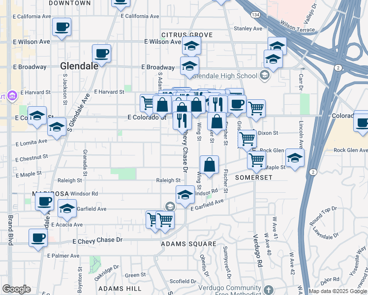 map of restaurants, bars, coffee shops, grocery stores, and more near 505 Porter Street in Glendale