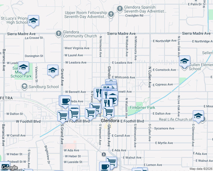 map of restaurants, bars, coffee shops, grocery stores, and more near 101 West Bennett Avenue in Glendora