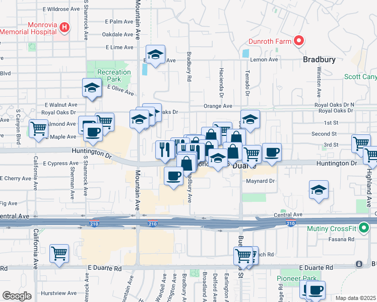 map of restaurants, bars, coffee shops, grocery stores, and more near 1049 Huntington Drive in Monrovia