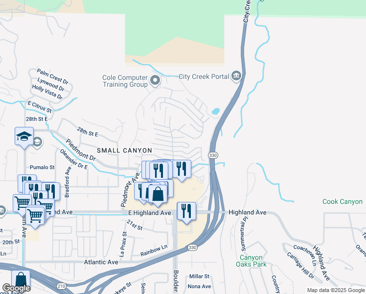 map of restaurants, bars, coffee shops, grocery stores, and more near 4040 East Piedmont Drive in San Bernardino