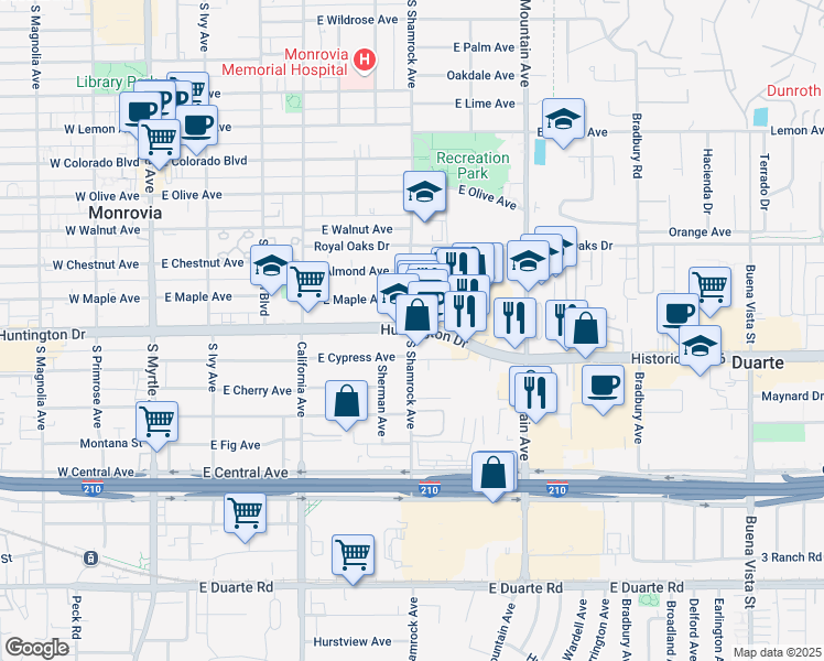 map of restaurants, bars, coffee shops, grocery stores, and more near Huntington Dr & Shamrock Ave in Monrovia