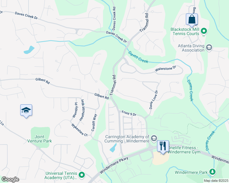 map of restaurants, bars, coffee shops, grocery stores, and more near 5341 Davenport Manor in Cumming