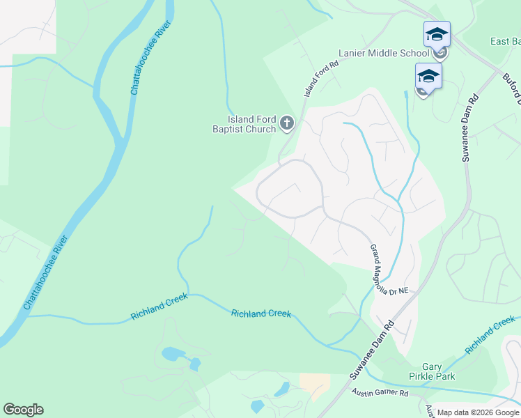 map of restaurants, bars, coffee shops, grocery stores, and more near 6735 Grand Magnolia Drive Northeast in Sugar Hill