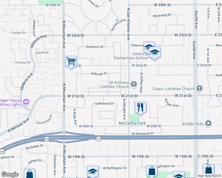 map of restaurants, bars, coffee shops, grocery stores, and more near 2122 North Coolcrest Avenue in Upland