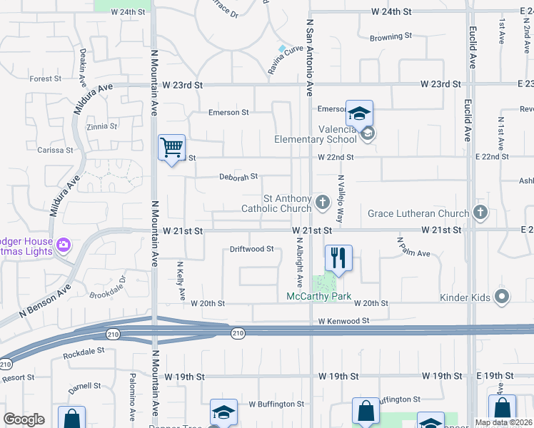 map of restaurants, bars, coffee shops, grocery stores, and more near 2122 North Coolcrest Avenue in Upland