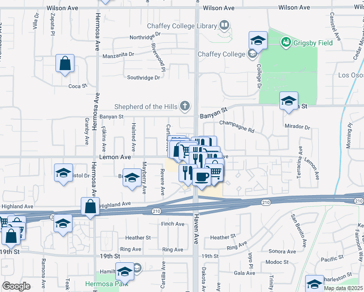 map of restaurants, bars, coffee shops, grocery stores, and more near 6230 Haven Avenue in Rancho Cucamonga