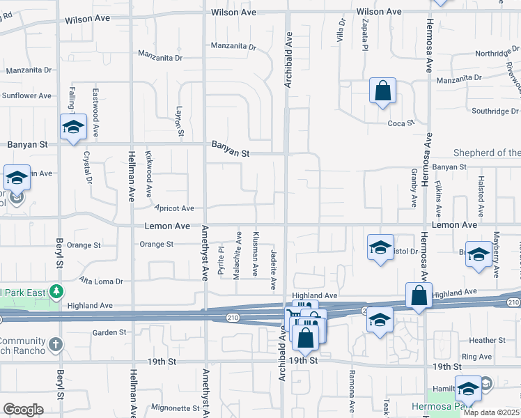 map of restaurants, bars, coffee shops, grocery stores, and more near 9637 Apricot Avenue in Rancho Cucamonga