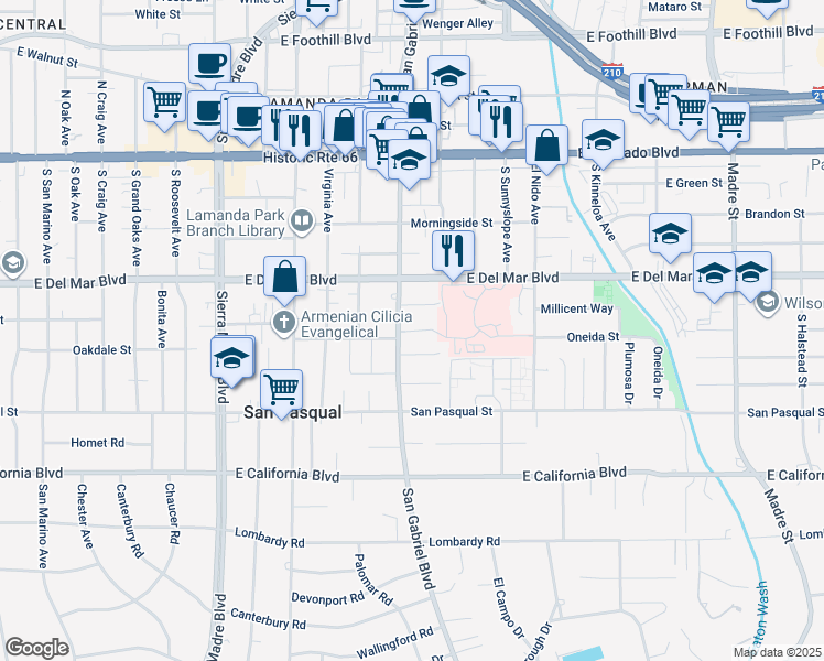 map of restaurants, bars, coffee shops, grocery stores, and more near 336 South San Gabriel Boulevard in Pasadena