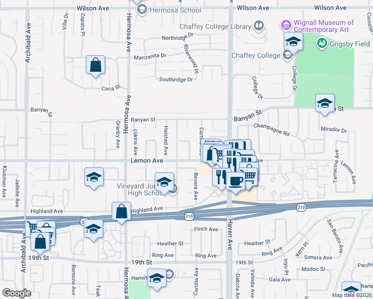 map of restaurants, bars, coffee shops, grocery stores, and more near 6256 Revere Avenue in Rancho Cucamonga