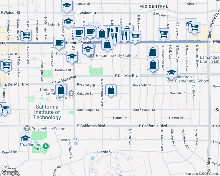 map of restaurants, bars, coffee shops, grocery stores, and more near 1675 Oakdale Street in Pasadena