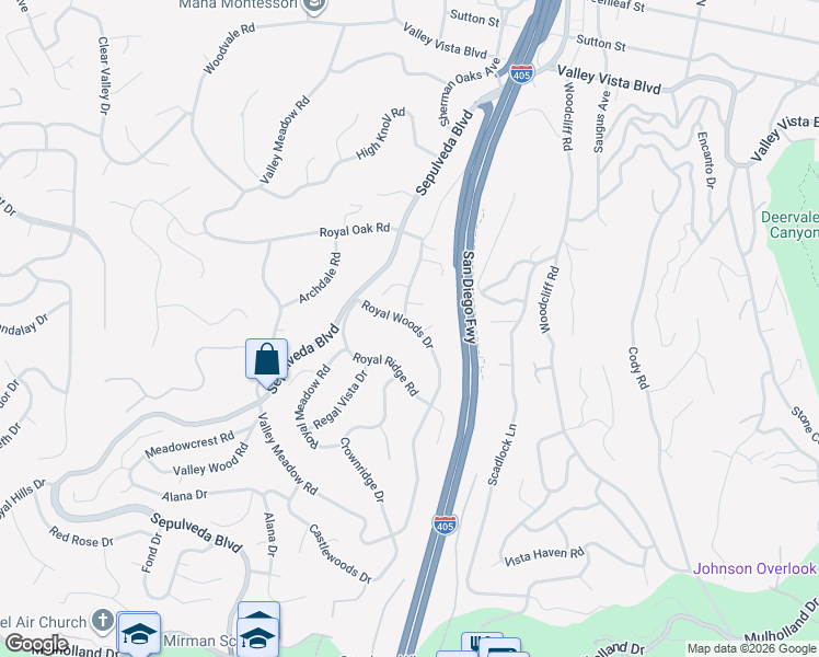 map of restaurants, bars, coffee shops, grocery stores, and more near 3847 Royal Woods Drive in Los Angeles