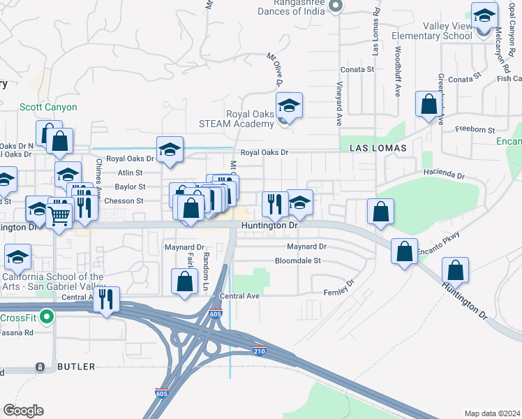 map of restaurants, bars, coffee shops, grocery stores, and more near 1107 Ohio Way in Duarte