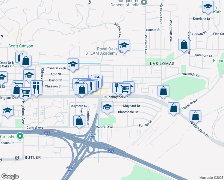 map of restaurants, bars, coffee shops, grocery stores, and more near 1107 Ohio Way in Duarte
