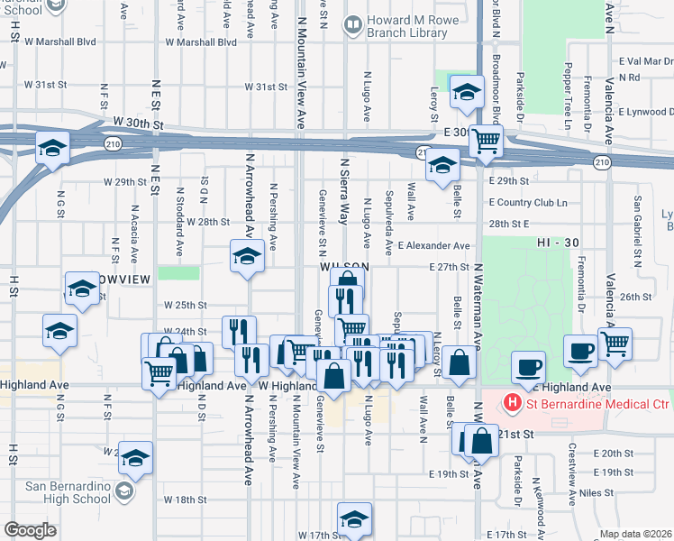 map of restaurants, bars, coffee shops, grocery stores, and more near 2629 North Sierra Way in San Bernardino