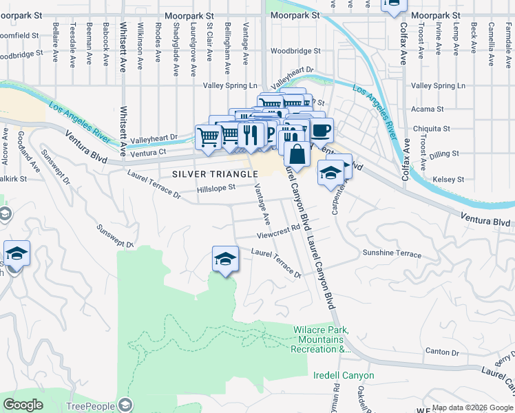 map of restaurants, bars, coffee shops, grocery stores, and more near 12107 Hollyglen Place in Los Angeles