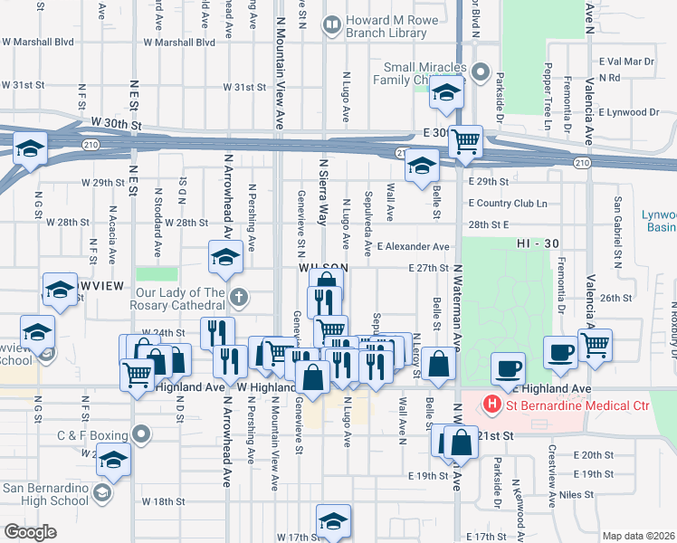 map of restaurants, bars, coffee shops, grocery stores, and more near 2629 North Sierra Way in San Bernardino