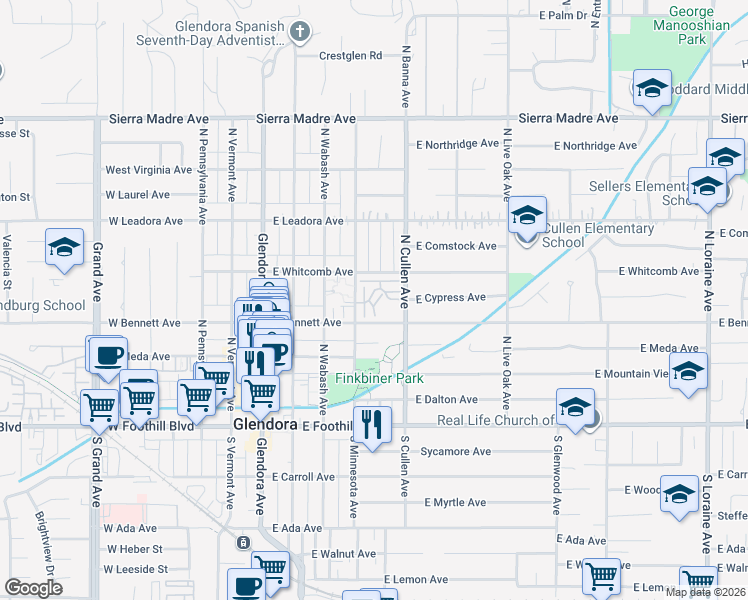 map of restaurants, bars, coffee shops, grocery stores, and more near 416 East Bougainvillea Lane in Glendora