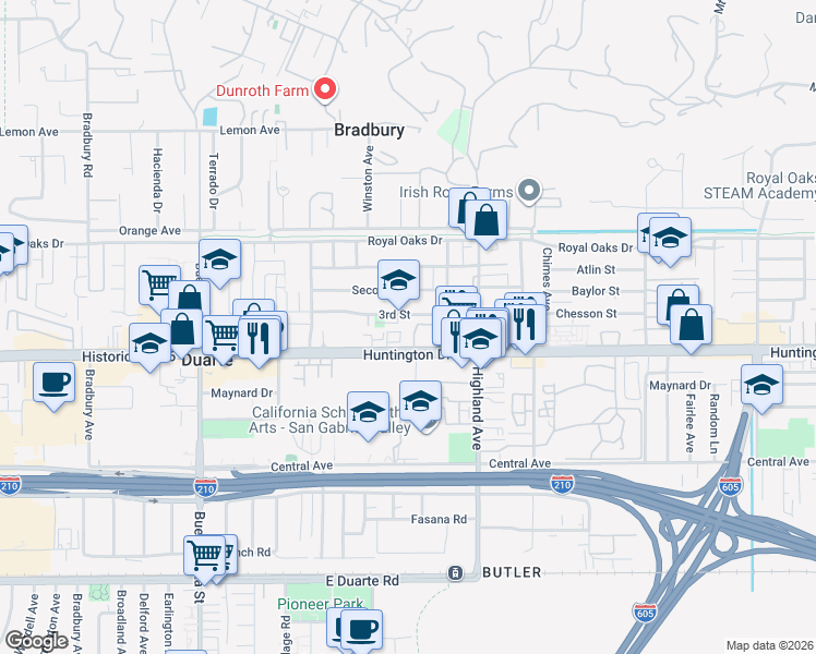 map of restaurants, bars, coffee shops, grocery stores, and more near in Duarte