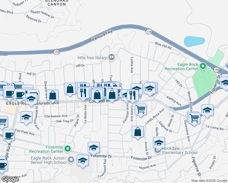 map of restaurants, bars, coffee shops, grocery stores, and more near 5111 Dahlia Drive in Los Angeles