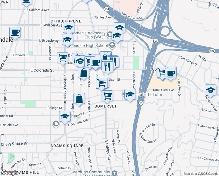 map of restaurants, bars, coffee shops, grocery stores, and more near 1410 Rock Glen Avenue in Glendale