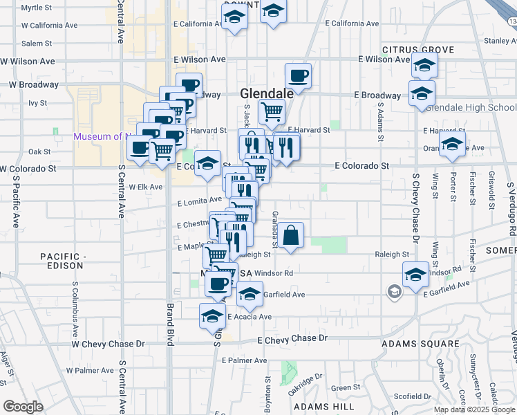map of restaurants, bars, coffee shops, grocery stores, and more near 511 East Chestnut Street in Glendale