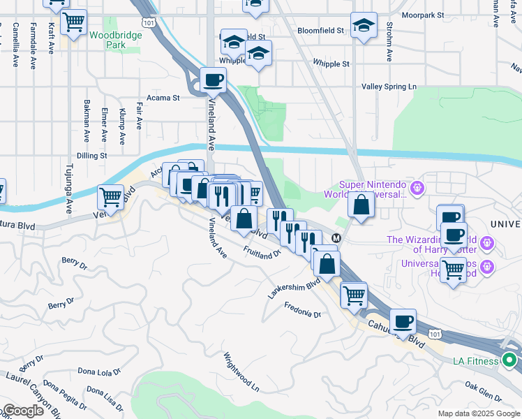 map of restaurants, bars, coffee shops, grocery stores, and more near 108 Riverton Avenue in Los Angeles