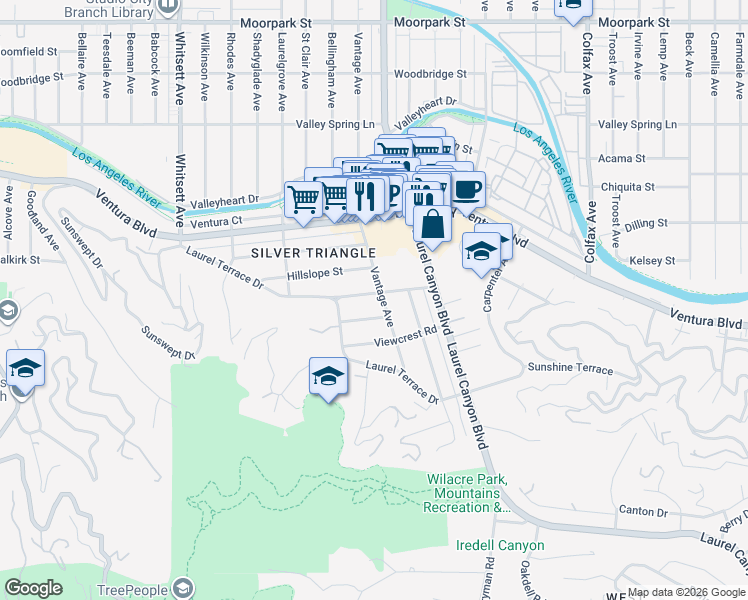 map of restaurants, bars, coffee shops, grocery stores, and more near 12107 Hollyglen Place in Los Angeles