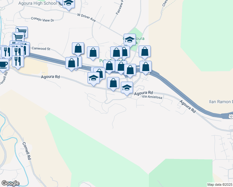 map of restaurants, bars, coffee shops, grocery stores, and more near 28201 Laura La Plante Drive in Agoura Hills
