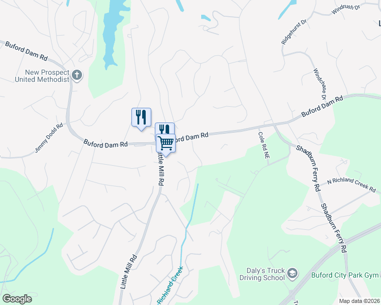 map of restaurants, bars, coffee shops, grocery stores, and more near 5710 Crest Hill Drive Northeast in Buford