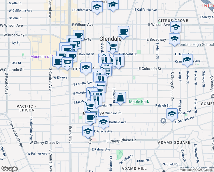 map of restaurants, bars, coffee shops, grocery stores, and more near 516 East Lomita Avenue in Glendale