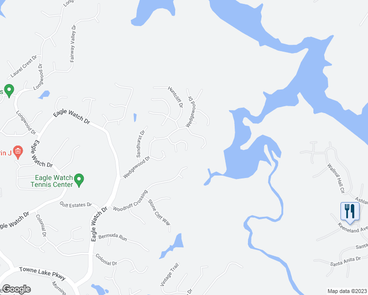 map of restaurants, bars, coffee shops, grocery stores, and more near 3616 Broken Arrow Drive in Woodstock
