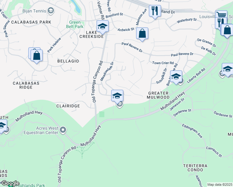 map of restaurants, bars, coffee shops, grocery stores, and more near 3975 Black Bird Way in Calabasas
