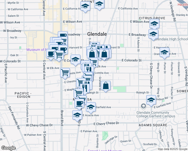 map of restaurants, bars, coffee shops, grocery stores, and more near 516 East Lomita Avenue in Glendale