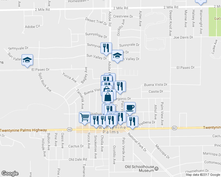 map of restaurants, bars, coffee shops, grocery stores, and more near 6229 Adobe Rd in Twentynine Palms
