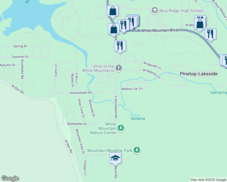 map of restaurants, bars, coffee shops, grocery stores, and more near 72 North Woodland Road in Navajo County