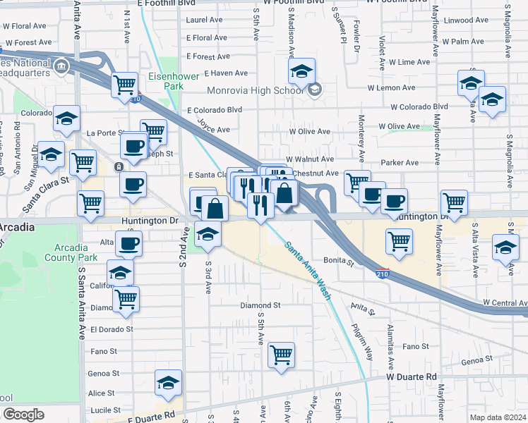 map of restaurants, bars, coffee shops, grocery stores, and more near 945 West Huntington Drive in Monrovia