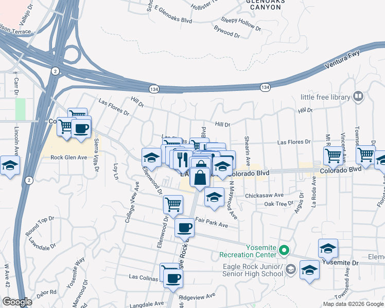 map of restaurants, bars, coffee shops, grocery stores, and more near 5136 Rockland Avenue in Los Angeles