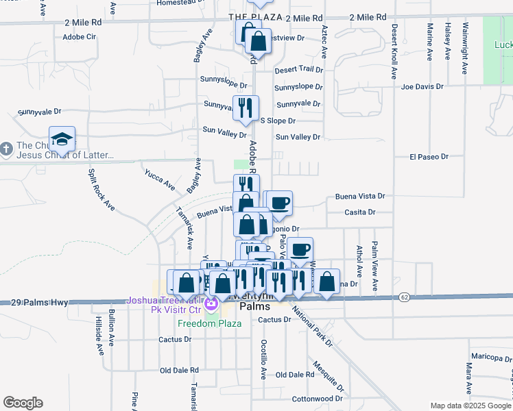 map of restaurants, bars, coffee shops, grocery stores, and more near 6229 Adobe Road in Twentynine Palms