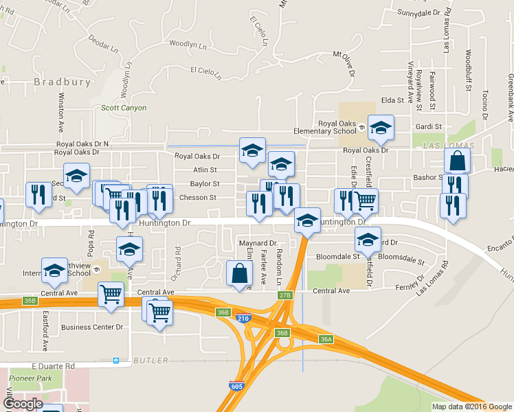 map of restaurants, bars, coffee shops, grocery stores, and more near 1030 Bradbourne Avenue in Duarte