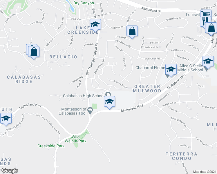 map of restaurants, bars, coffee shops, grocery stores, and more near 3975 Black Bird Way in Calabasas