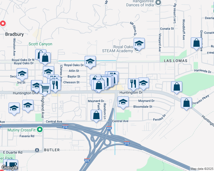 map of restaurants, bars, coffee shops, grocery stores, and more near 2217 East Huntington Drive in Duarte