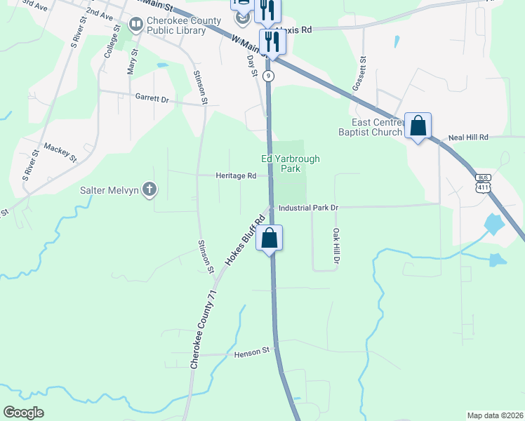 map of restaurants, bars, coffee shops, grocery stores, and more near 9175 Hokes Bluff Road in Centre