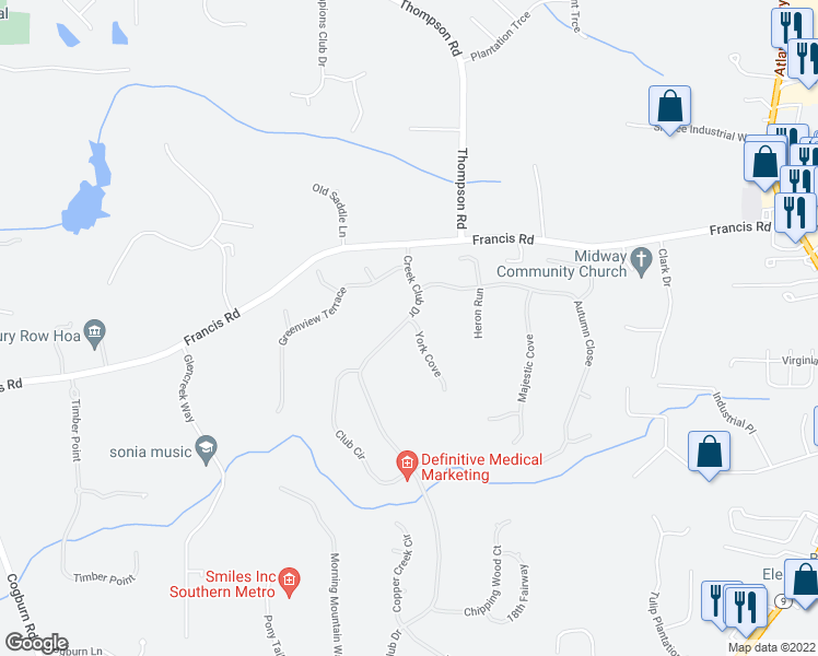 map of restaurants, bars, coffee shops, grocery stores, and more near 905 York Cove in Alpharetta