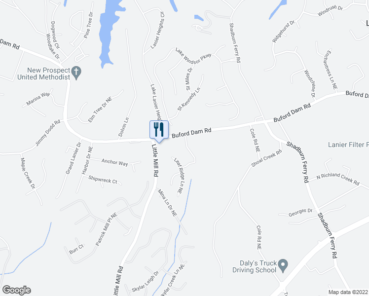 map of restaurants, bars, coffee shops, grocery stores, and more near 5710 Crest Hill Drive Northeast in Buford