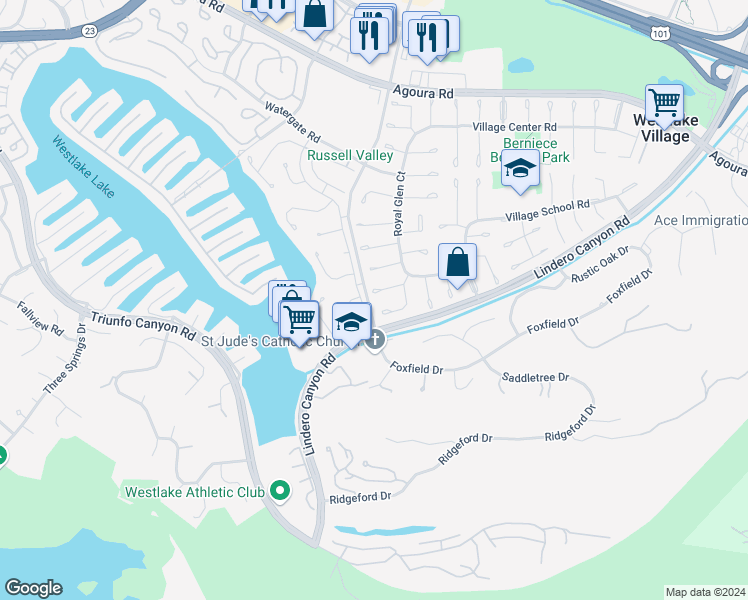 map of restaurants, bars, coffee shops, grocery stores, and more near 31940 Richgrove Court in Westlake Village