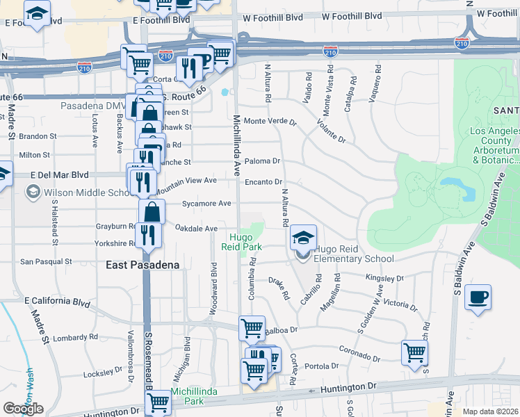 map of restaurants, bars, coffee shops, grocery stores, and more near 1134 Panorama Drive in Arcadia