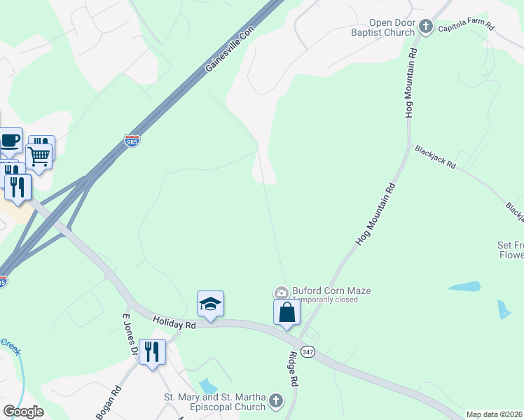 map of restaurants, bars, coffee shops, grocery stores, and more near 4602 Bennett Road in Buford